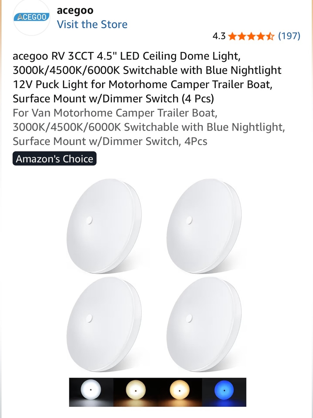 LED dome lights for Motorhome Camper Trailer Boat, Surface Mount w/Dimmer